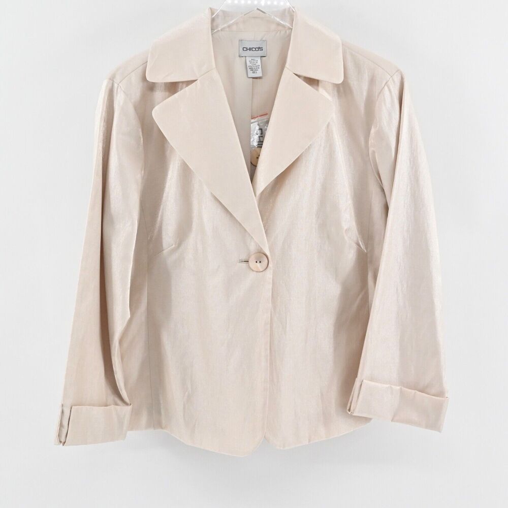 CHICOS‎ Jacket Womens Size L Beige Metallic Cotton Blend Button Front Ailene NEW